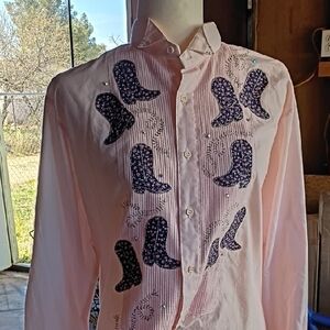 Pink Western Shirt with Blue Boot Design